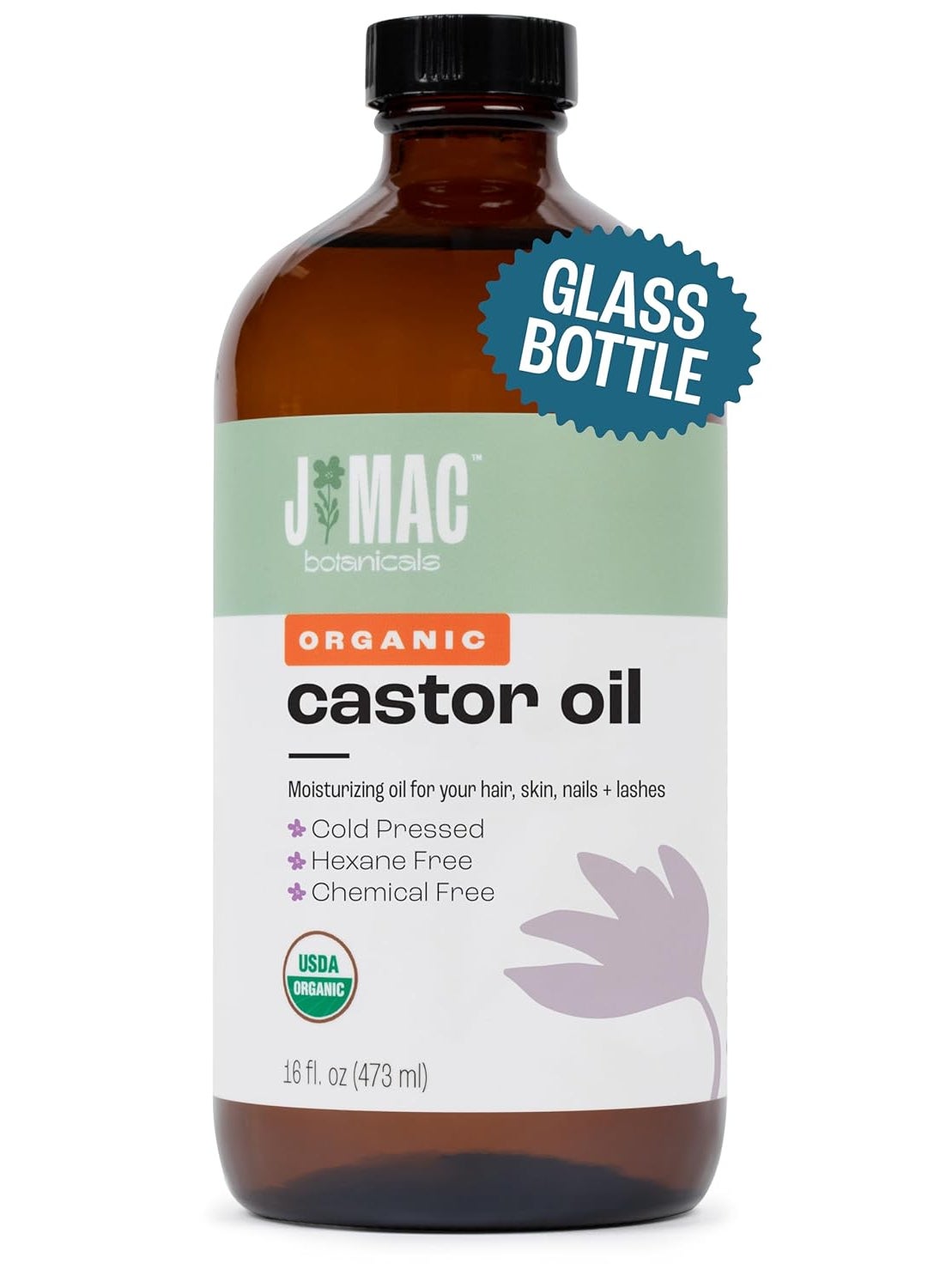 J MAC BOTANICALS, Organic Castor Oil Cold Pressed (Glass Bottle, 16 oz) pure unrefined, hexane free for face, skin, eyelashes, pack wraps, pads