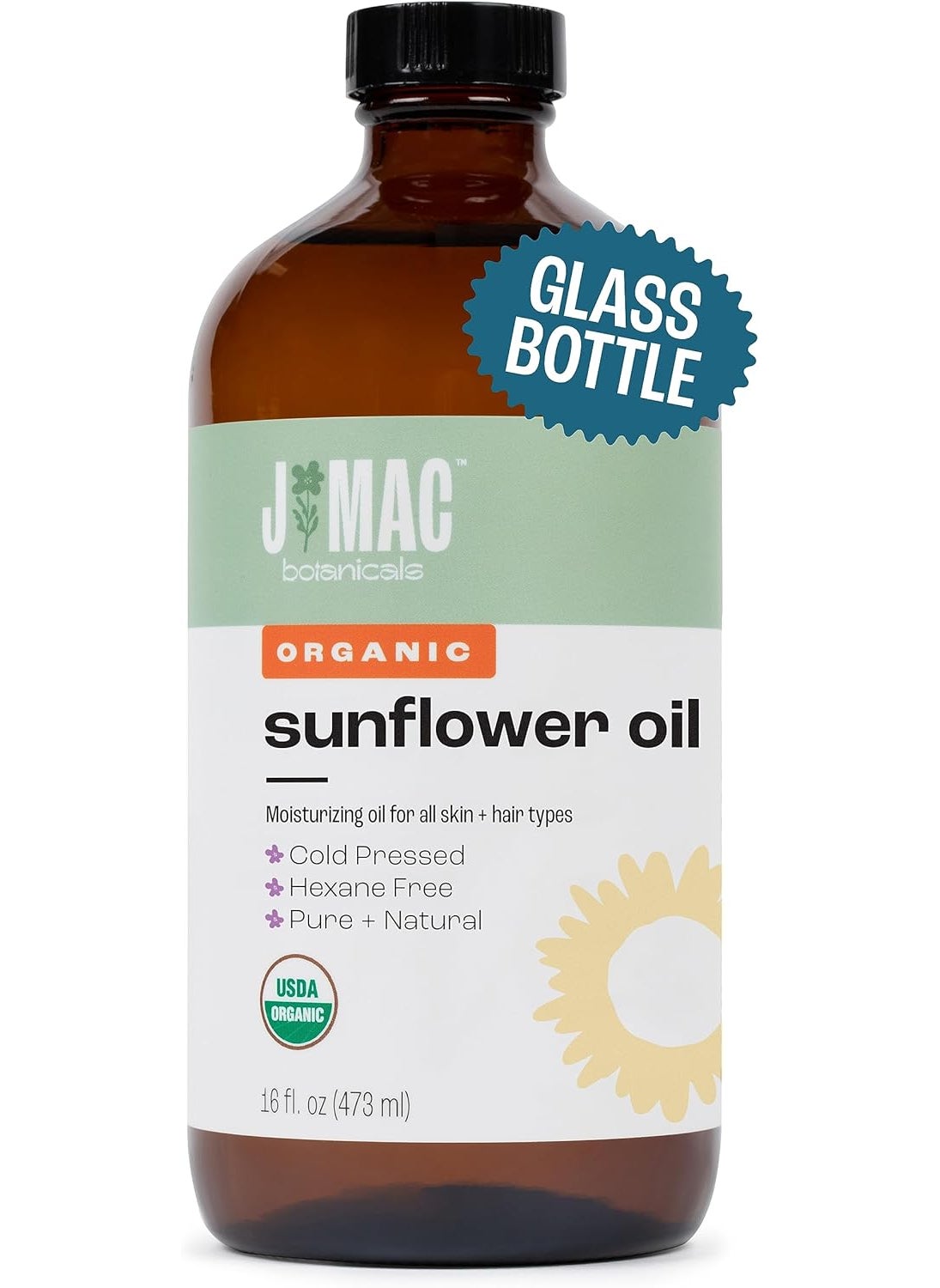 J MAC BOTANICALS Organic Sunflower Oil (16 oz Glass Bottle) USDA Organic Certified 100% Pure Carrier Oil, Moisturizing & Nourishing for Skin, Face, Hair