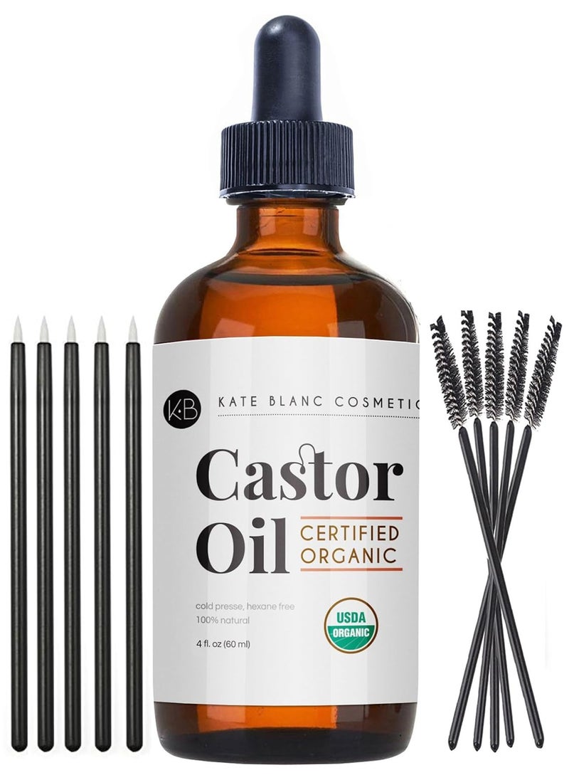 Kate Blanc Cosmetics Organic Castor Oil (4oz). 100% Pure, Cold Pressed, Hexane Free in a Glass Bottle. Stimulate Growth for Eyelashes, Eyebrows, Hair. Skin Moisturizer & Oil Cleanse with Starter Kit