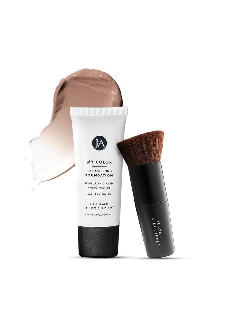 Jerome Alexander My Color Self-Adjusting Foundation, Hydrating & Lightweight Face Makeup, Skincare-Infused, with Kabuki Brush, Medium Dark, 1 oz