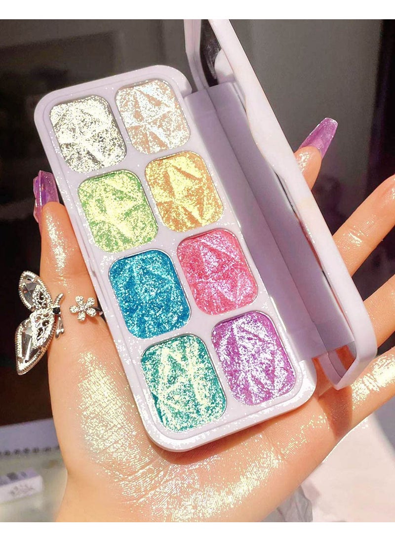 8 Color Face Cheek Highlighter Makeup Palette Shimmer Glitter Iridescent Multichrome Holographic Eyeshadow Palette Purple Rainbow Glitter Highlighter Makeup Highlight and Contour Palette Eye Makeup