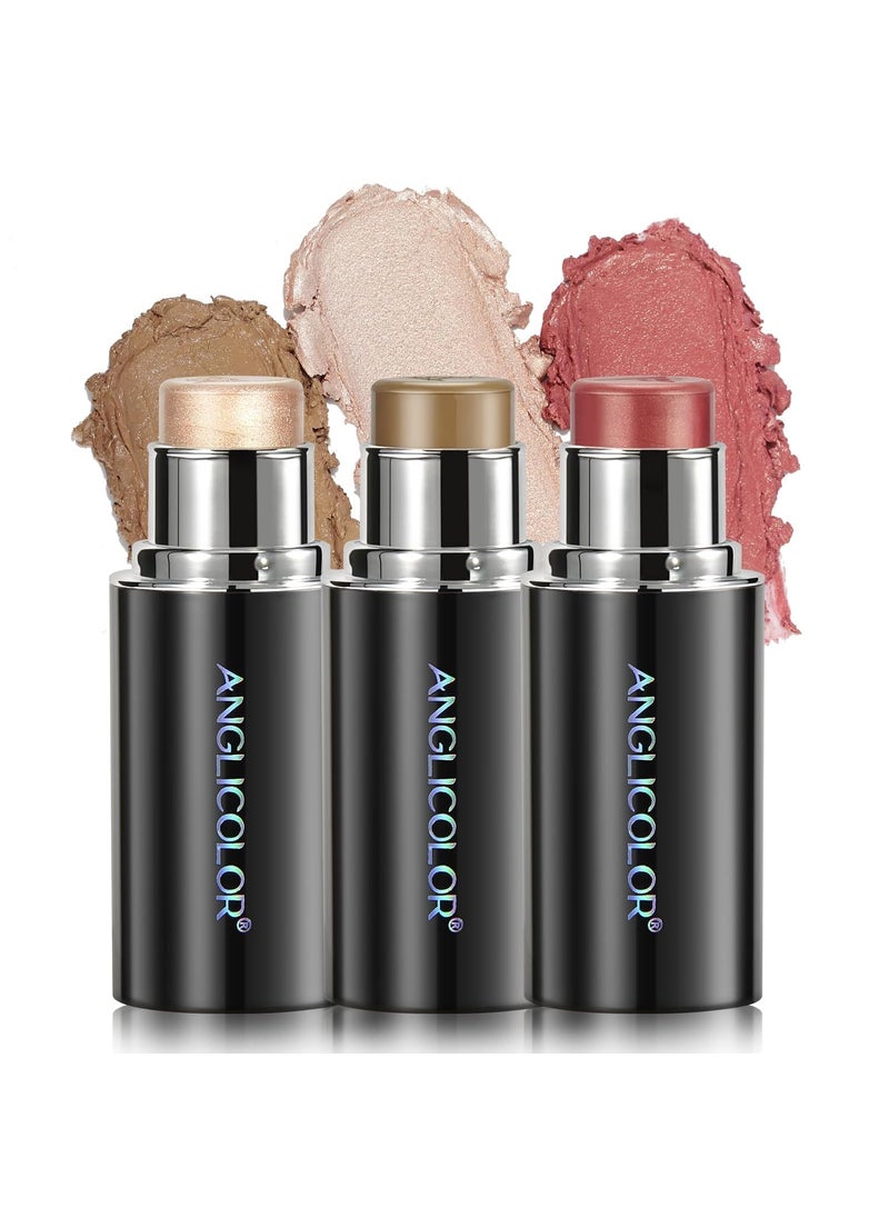 3PC Anglicolor Highlighter Long Lasting,Contour Stick Makeup Naturally,Blush Makeup Smoothing,High Color Rendering,Easy To Mix,Vegan & Cruelty-Fre