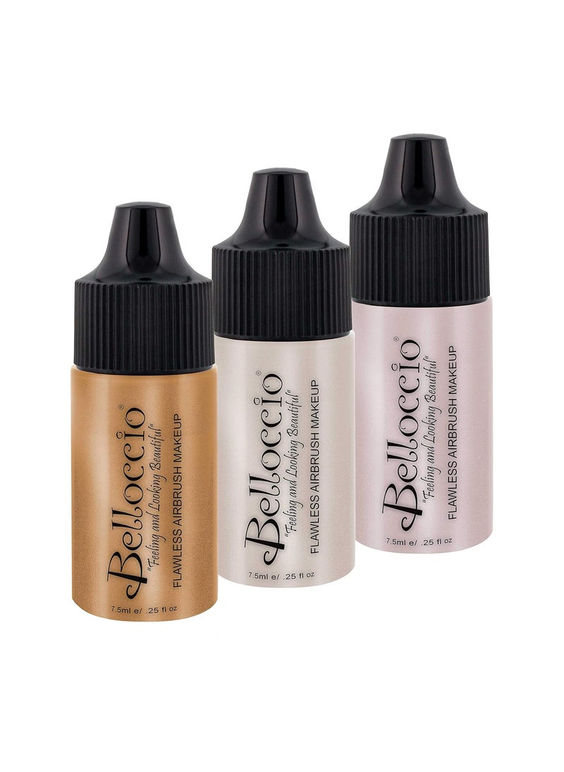Belloccio's Professional Flawless Airbrush Makeup Shimmer Shade Set (Trio Set) in 1/4 oz. Bottles (NEW FORMULA)
