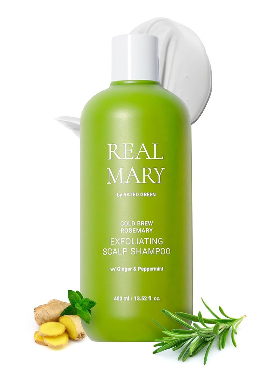 RATED GREEN Real Mary Exfoliating Dry Scalp Shampoo, 13.52 fl oz - Organic Rosemary Hair for Itchy , Gentle Scalp Moisturizer, with Ginger & Peppermint Oil