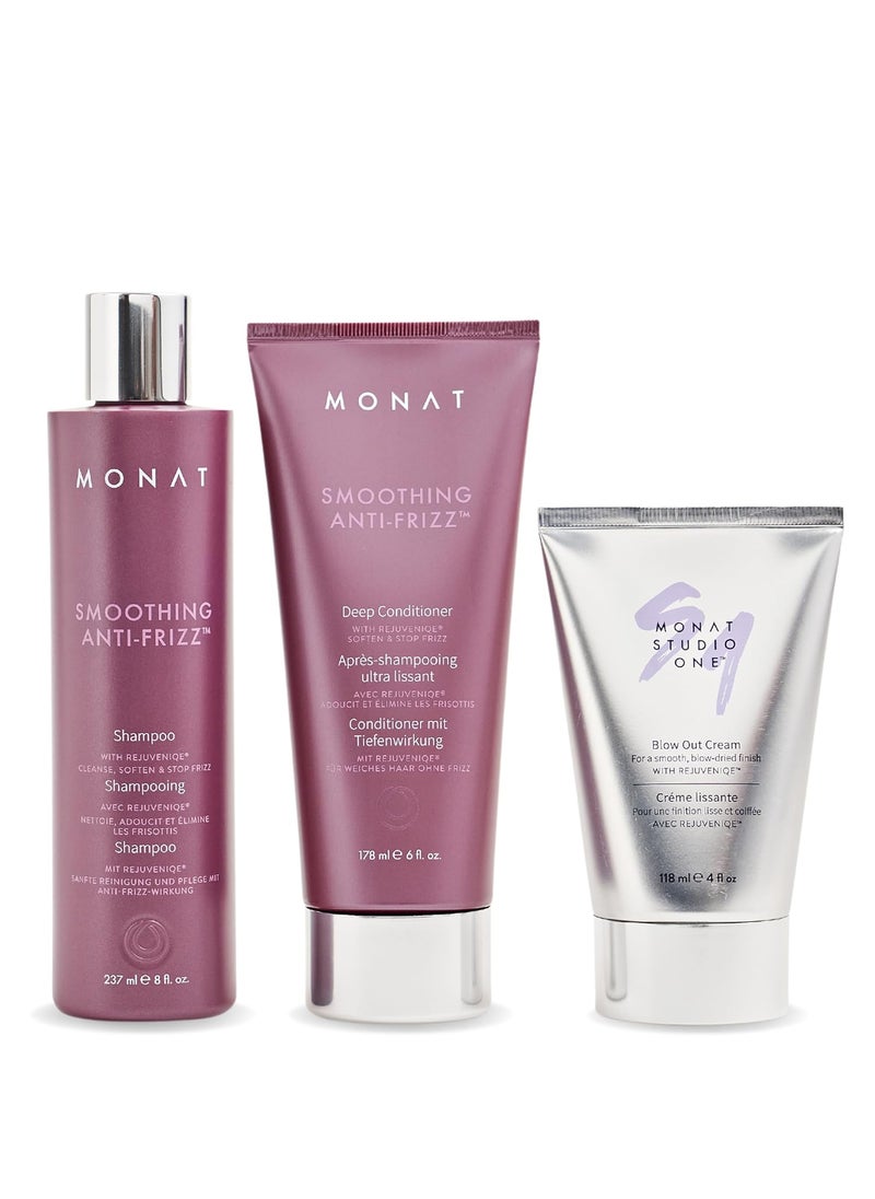 MONAT Smoothing Anti Frizz Shampoo, Deep Intensive Treatment & Blow Out Cream - Frizzy Hair Care Pack - Vegan, Natural, Heat Damage Protection, Strengthens Hair - 3 Products