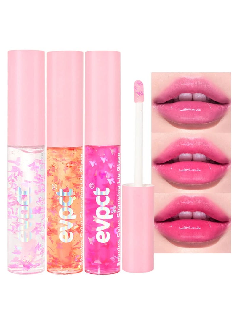 evpct 3Pcs Clear Color Changing PH Tinted Lip Gloss Sets for Women, Pink Mood Lip Oil Gloss Balm Tint Stain Glaze Pack Hydrating 0.34 fl.oz *3