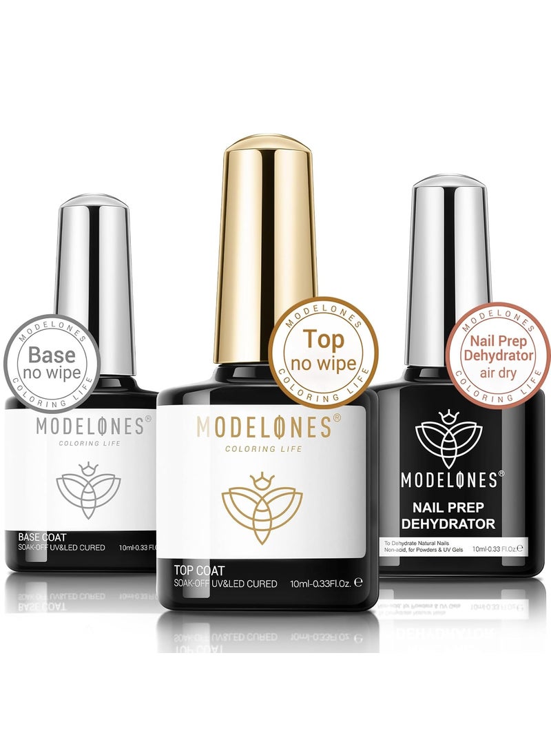 modelones Gel Base and Top Coat with Nail Dehydrator Set No Wipe Diamond Super Shiny Top Coat Nail Art Prep Kit