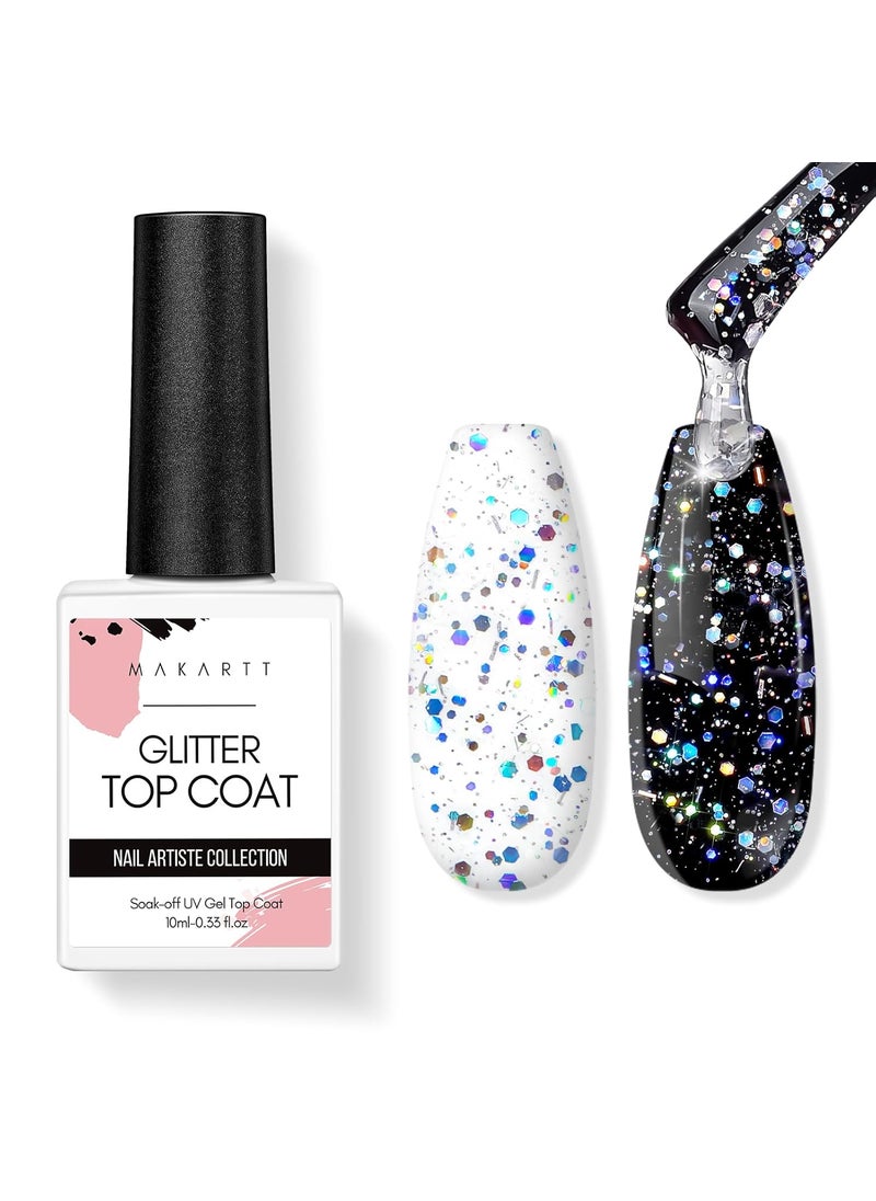 Makartt Glitter Top Coat Gel Nail Polish, 10ML No Wipe Rainbow Top Coat, Long Lasting Shine for Manicure & Nail Art Design, Larger Glitter