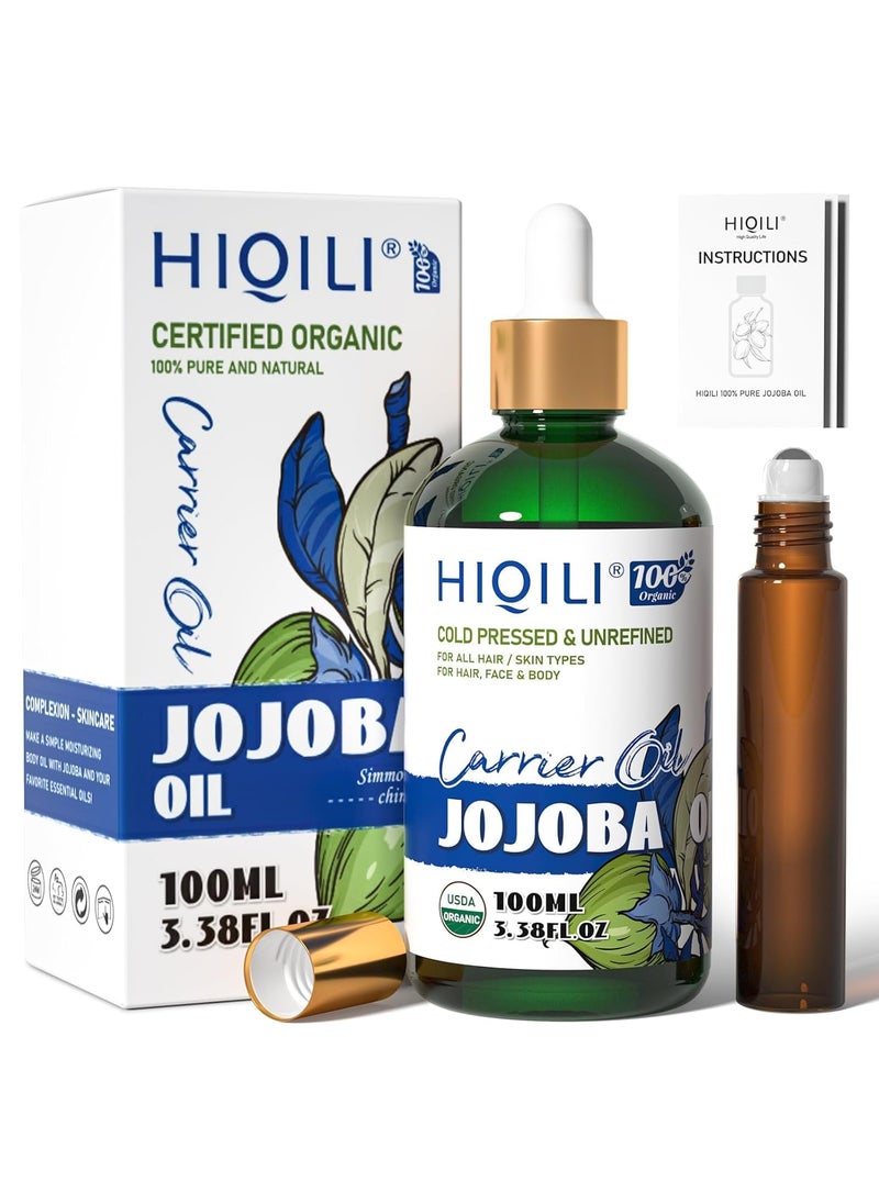 HIQILI 100ML Jojoba Oil Organic for Hair Growth,100% Pure Cold Pressed Unrefined, Included Roller Bottle for Massage - 3.38 Fl Oz