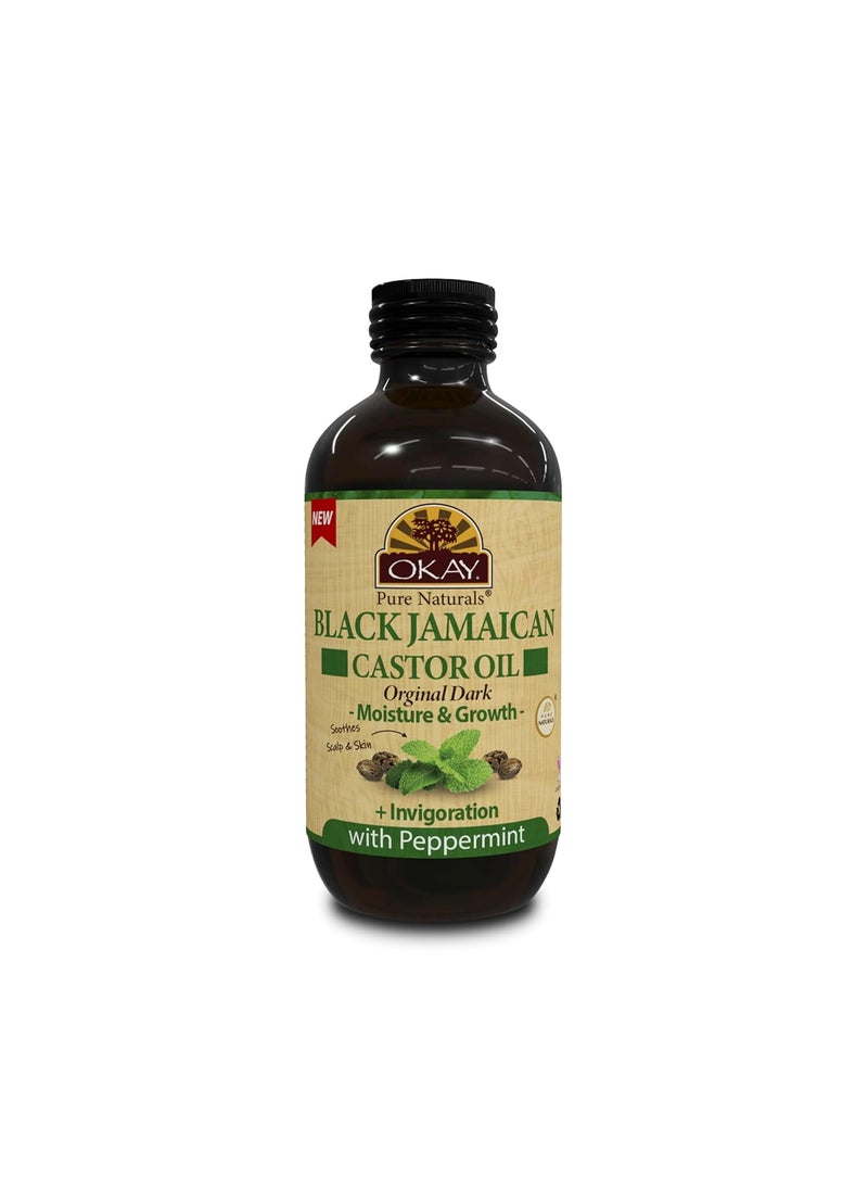 Okay Pure Naturals Black Jamaican Castor Oil - Castor Oil for Hair Growth, Moisture for Skin, Face, Scalp, Eyelashes, Eyebrows - Hair Oil for Men & Women - Peppermint, 4 oz Glass Bottle