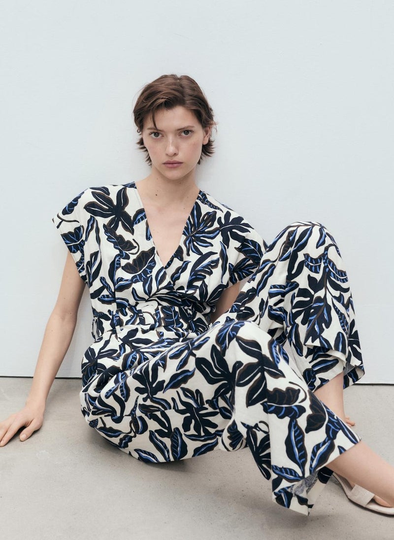 Printed Linen Jumpsuit With Belt