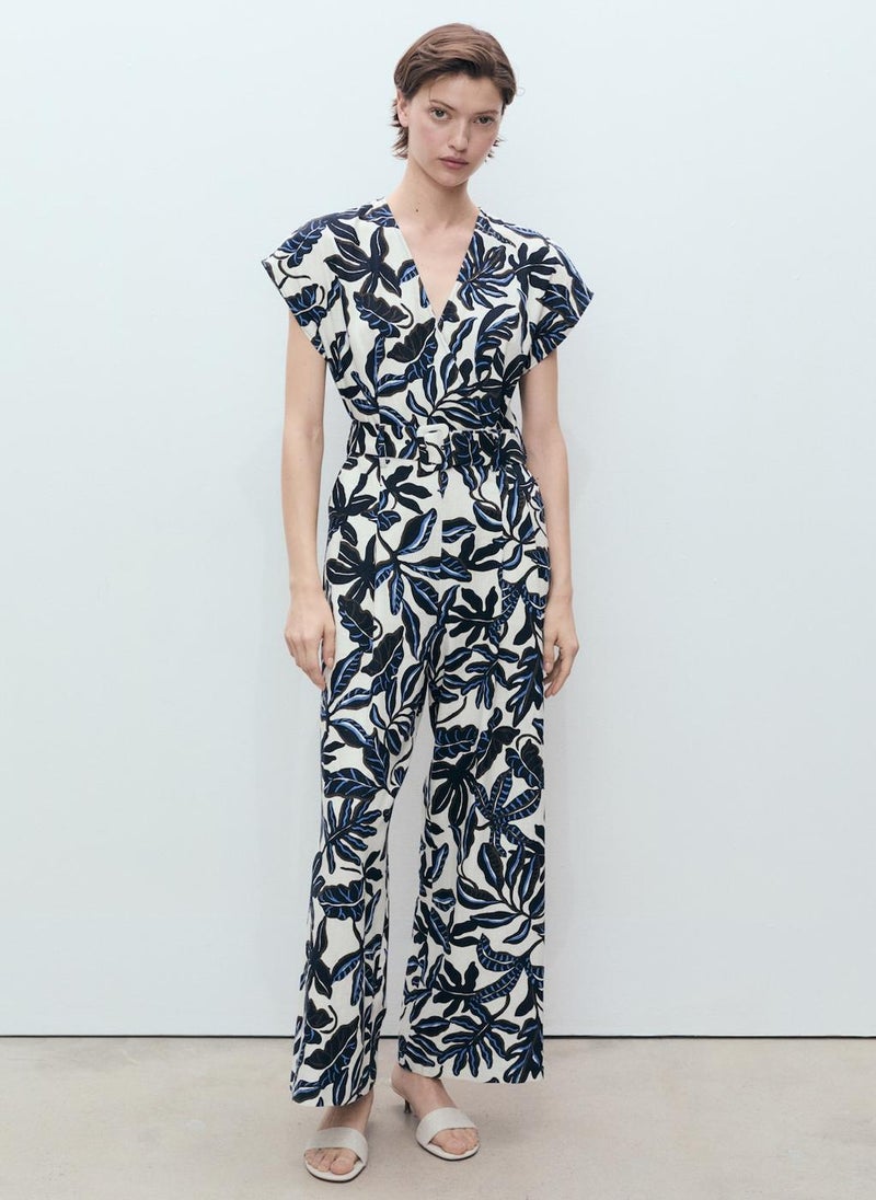 Printed Linen Jumpsuit With Belt