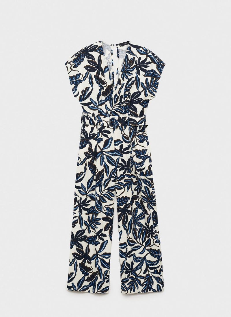 Printed Linen Jumpsuit With Belt