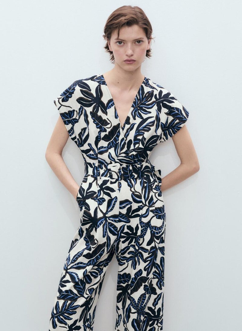 Printed Linen Jumpsuit With Belt