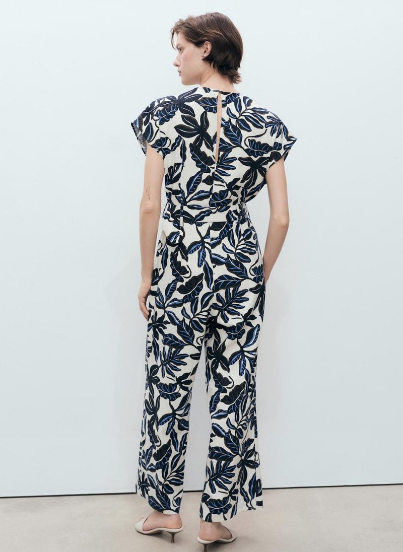 Printed Linen Jumpsuit With Belt