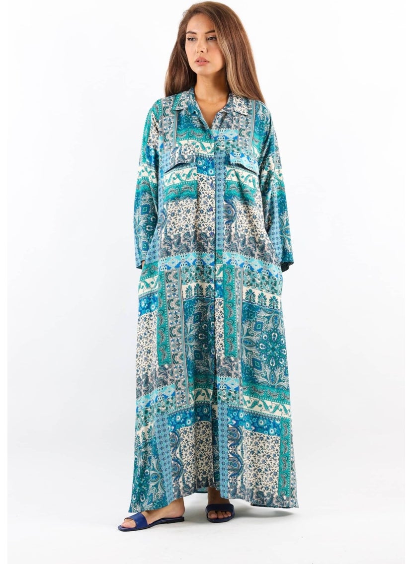 Ritnice Ethnic 100% Viscose Blue Shirt Collar Front Buttoned Long Summer Dress