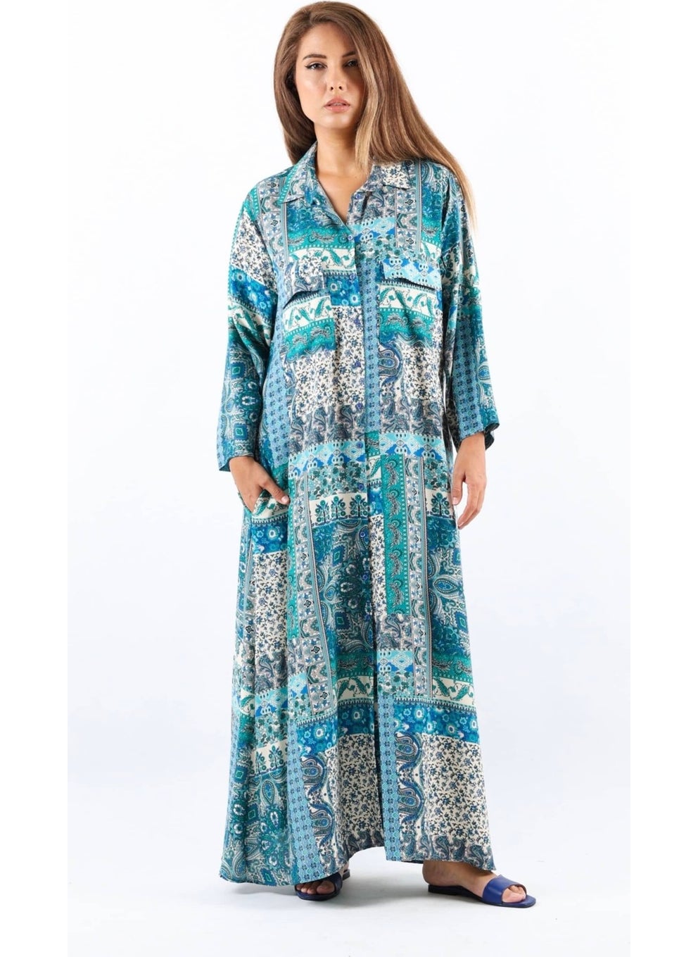 Ritnice Ethnic 100% Viscose Blue Shirt Collar Front Buttoned Long Summer Dress