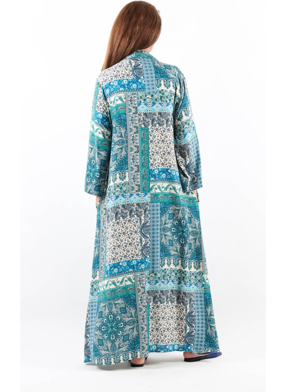 Ritnice Ethnic 100% Viscose Blue Shirt Collar Front Buttoned Long Summer Dress