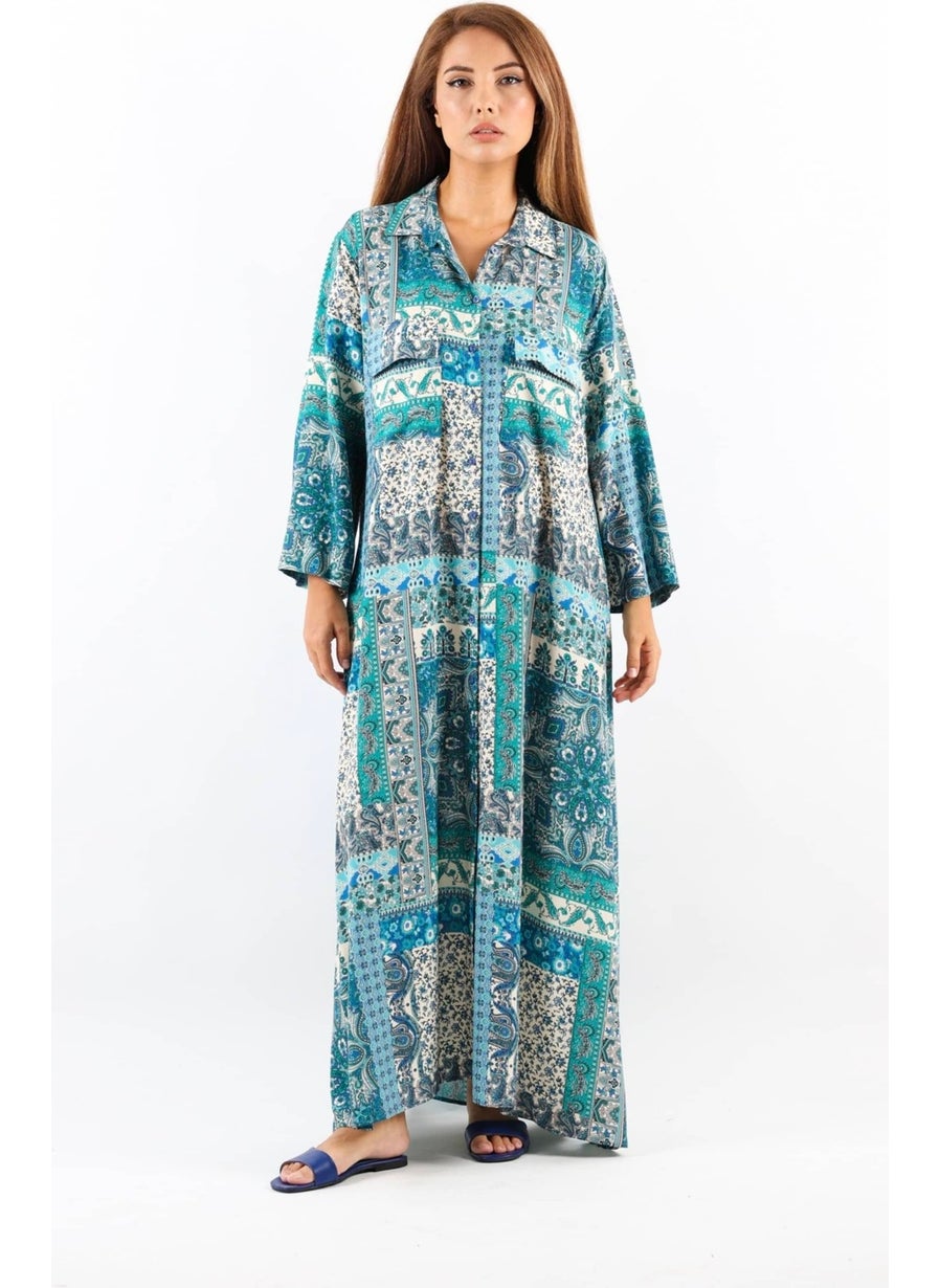 Ritnice Ethnic 100% Viscose Blue Shirt Collar Front Buttoned Long Summer Dress