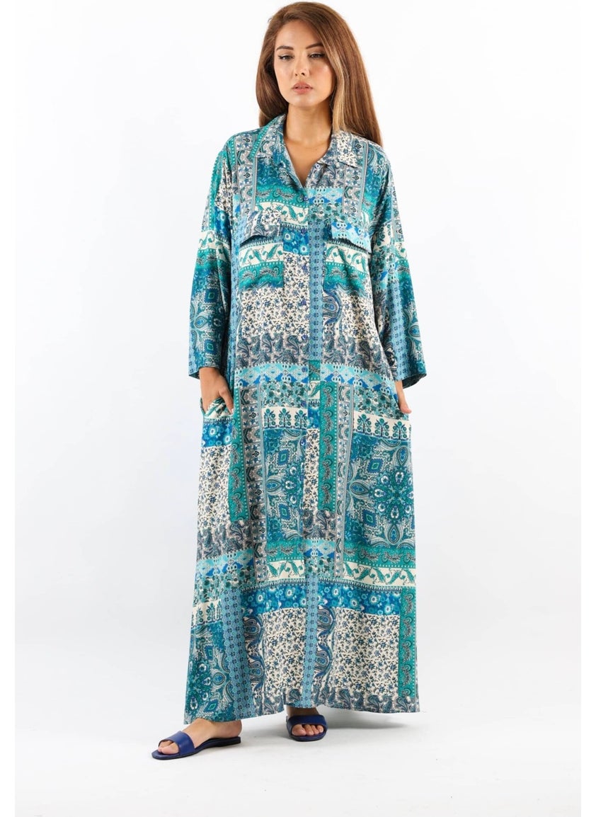 Ritnice Ethnic 100% Viscose Blue Shirt Collar Front Buttoned Long Summer Dress