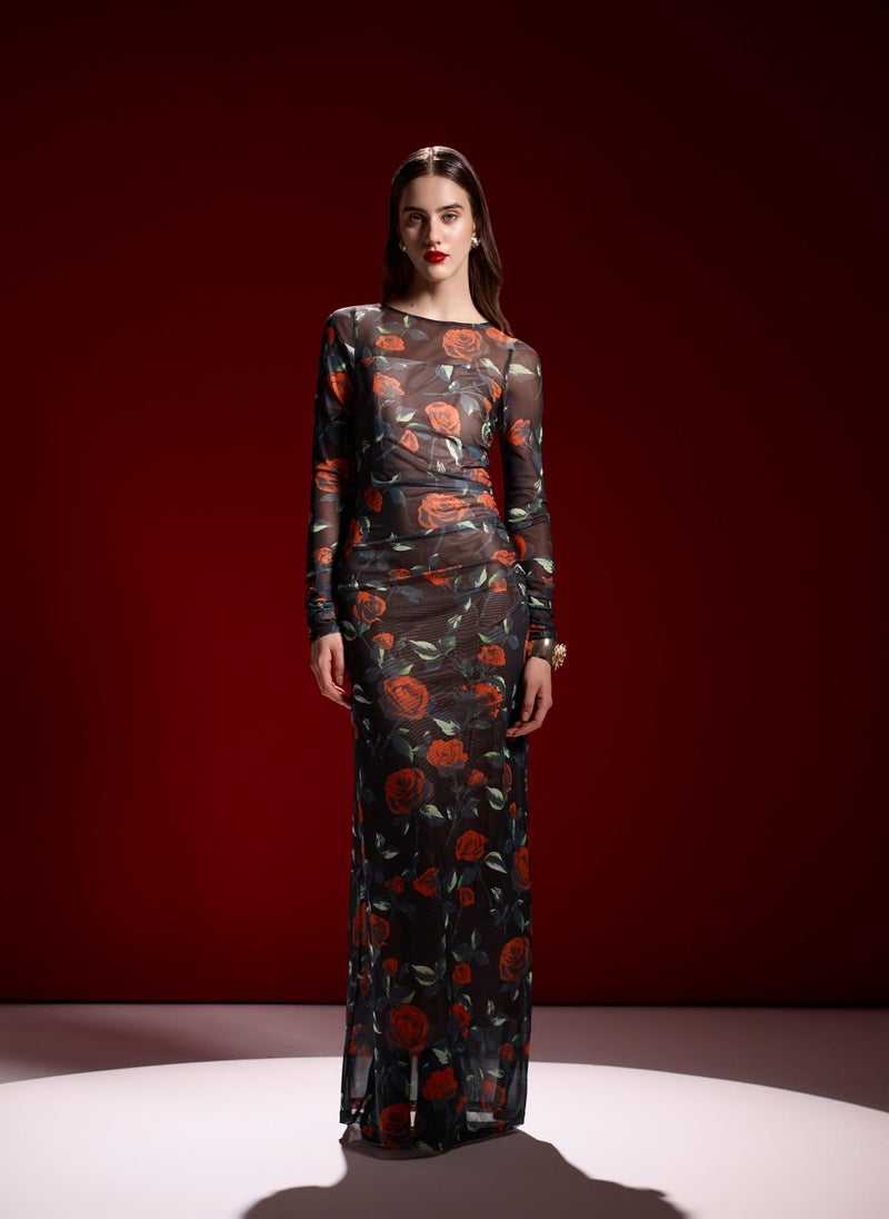 Fitted maxi dress with floral pattern