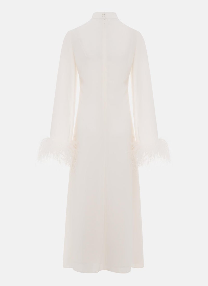 Straight midi dress with feathers on the cuffs