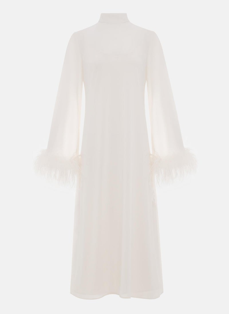 Straight midi dress with feathers on the cuffs