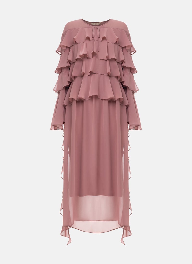 Airy maxi dress with ruffles on the bodice and matching ties