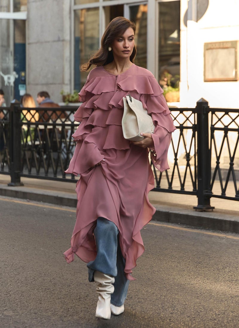 Airy maxi dress with ruffles on the bodice and matching ties
