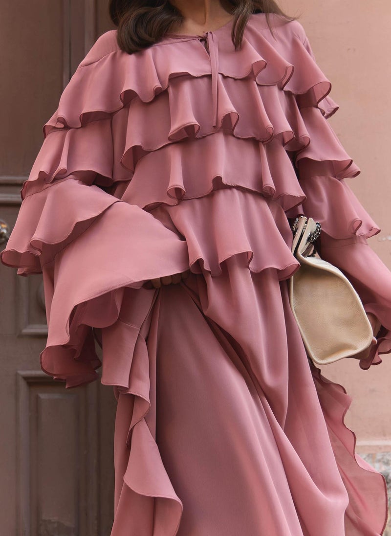 Airy maxi dress with ruffles on the bodice and matching ties