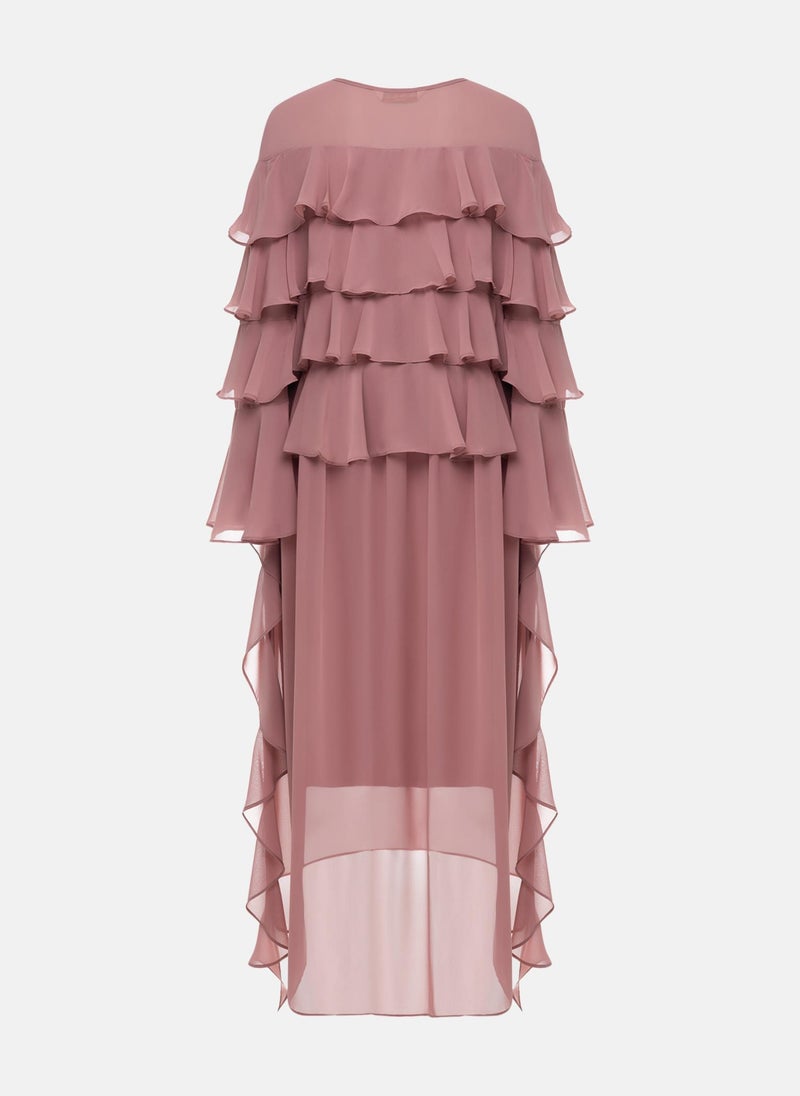 Airy maxi dress with ruffles on the bodice and matching ties