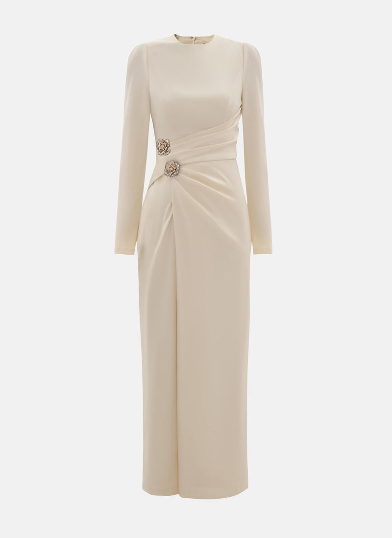 Maxi dress with draped waist and rhinestone brooch