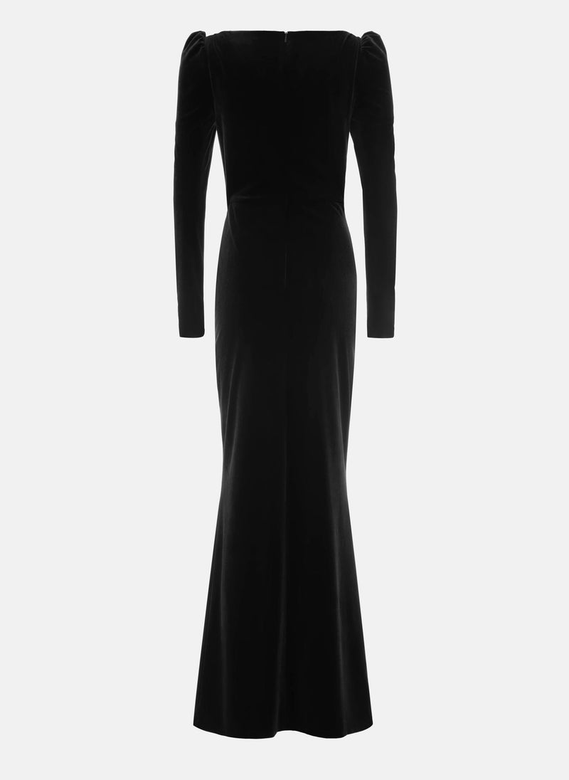 Velvet maxi dress with gathering on the bodice