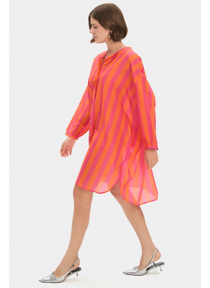 Women's Exclusive Wide Cut Judge Collar Striped 100% Cotton Shirt Dress