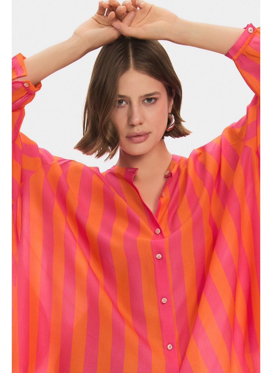 Women's Exclusive Wide Cut Judge Collar Striped 100% Cotton Shirt Dress