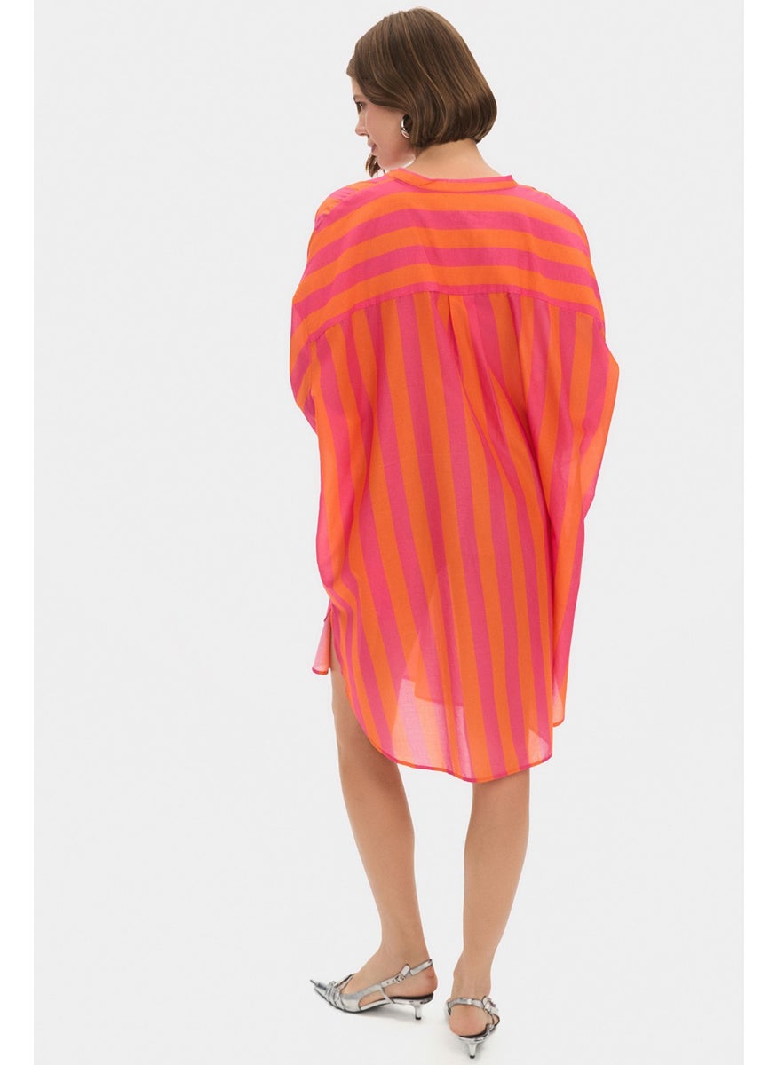 Women's Exclusive Wide Cut Judge Collar Striped 100% Cotton Shirt Dress