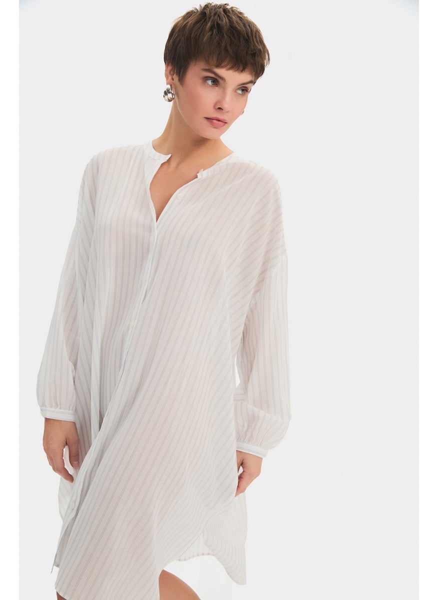 Women's Exclusive Wide Cut Ecru Judge Collar Striped 100% Cotton Shirt Dress