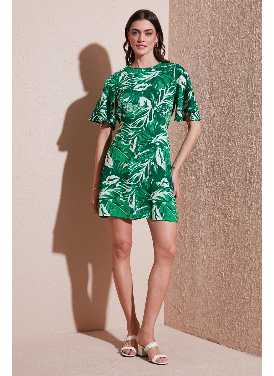 Patterned Regular Fit Crew Neck Mini Dress Women's Dress 6789814