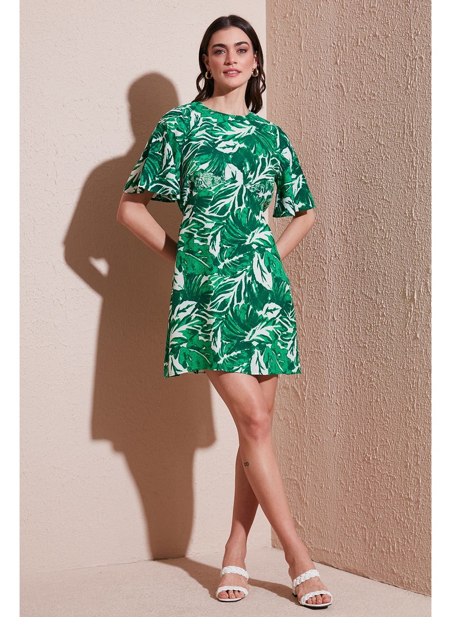 Patterned Regular Fit Crew Neck Mini Dress Women's Dress 6789814