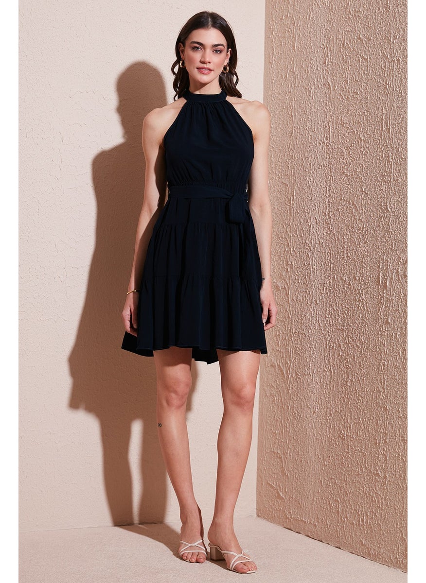 Pleated Regular Fit Halter Neck Mini Length Belted Dress Women's Dress 6772041