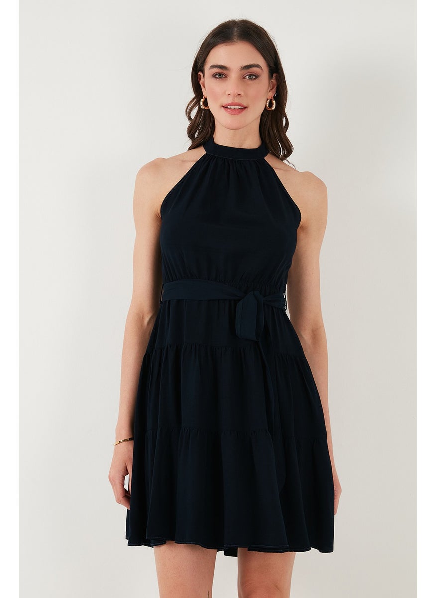 Pleated Regular Fit Halter Neck Mini Length Belted Dress Women's Dress 6772041