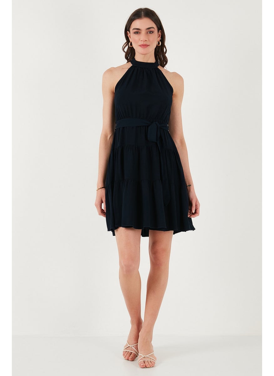 Pleated Regular Fit Halter Neck Mini Length Belted Dress Women's Dress 6772041