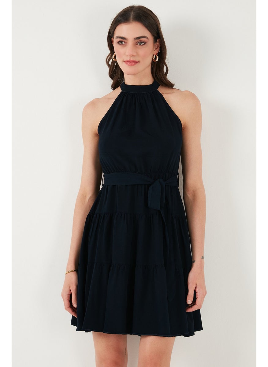 Pleated Regular Fit Halter Neck Mini Length Belted Dress Women's Dress 6772041