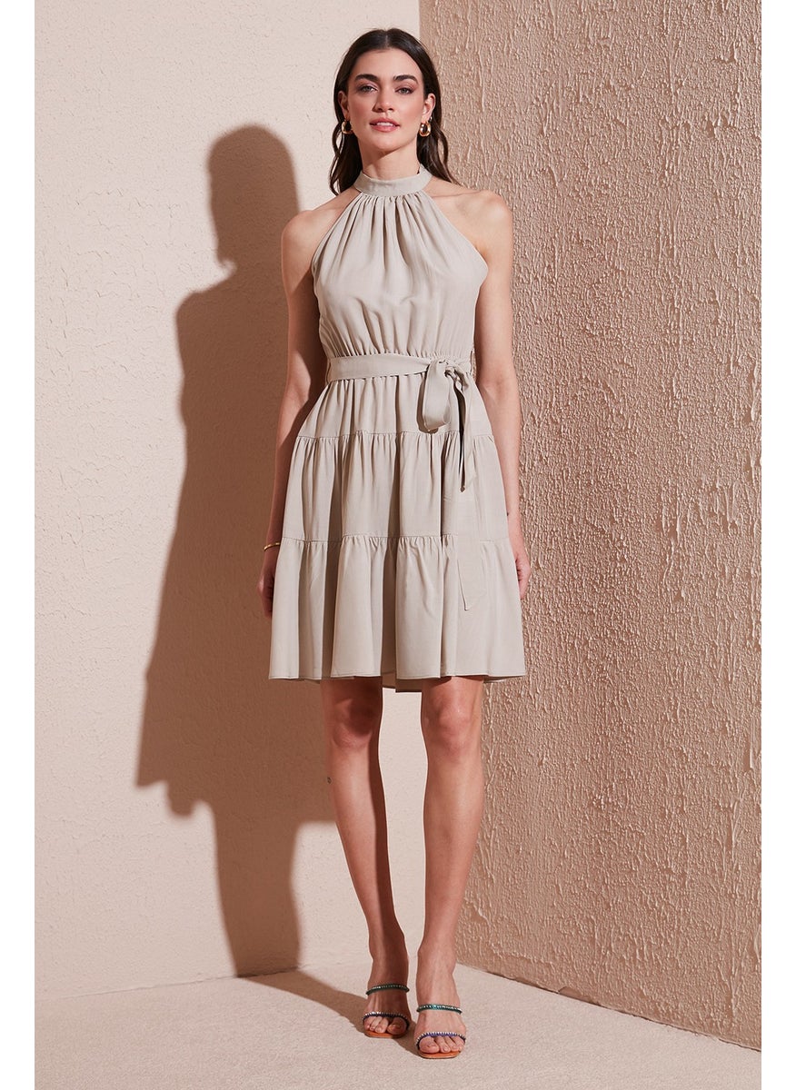 Pleated Regular Fit Halter Neck Mini Length Belted Dress Women's Dress 6772041
