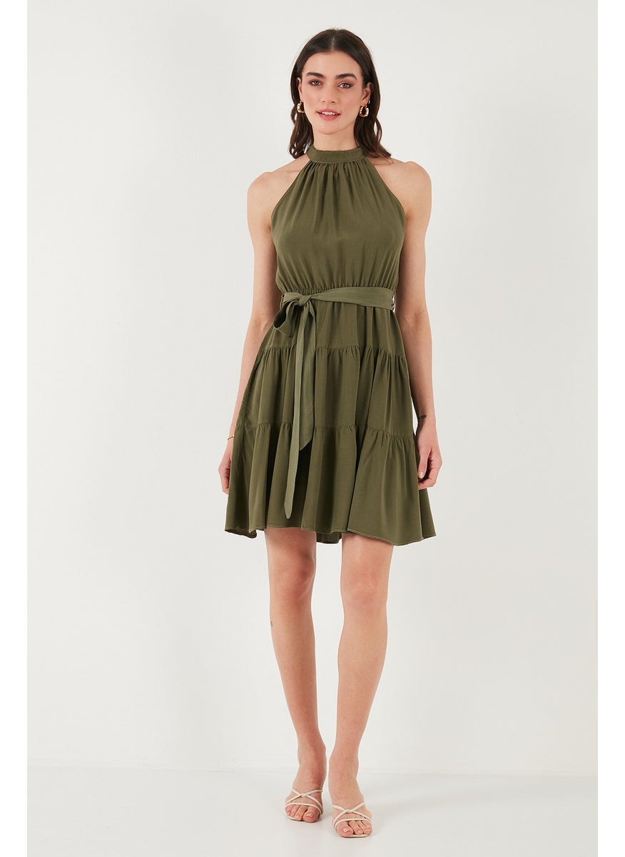 Pleated Regular Fit Halter Neck Mini Length Belted Dress Women's Dress 6772041