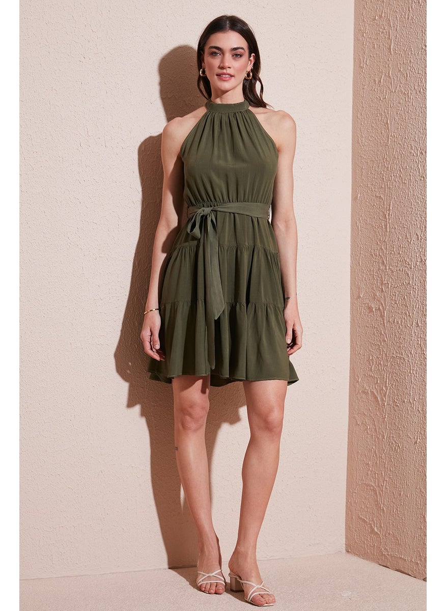 Pleated Regular Fit Halter Neck Mini Length Belted Dress Women's Dress 6772041