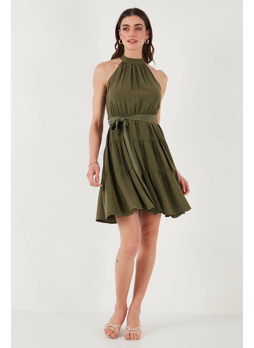 Pleated Regular Fit Halter Neck Mini Length Belted Dress Women's Dress 6772041
