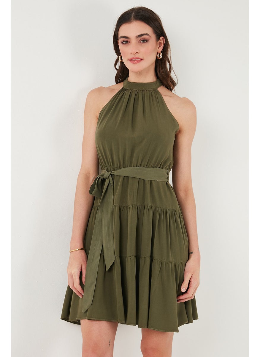Pleated Regular Fit Halter Neck Mini Length Belted Dress Women's Dress 6772041