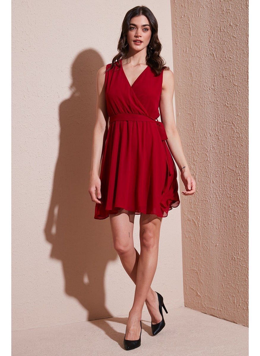 Regular Fit Double Breasted Tie Detail Chiffon Mini Dress Women's Dress 6789075