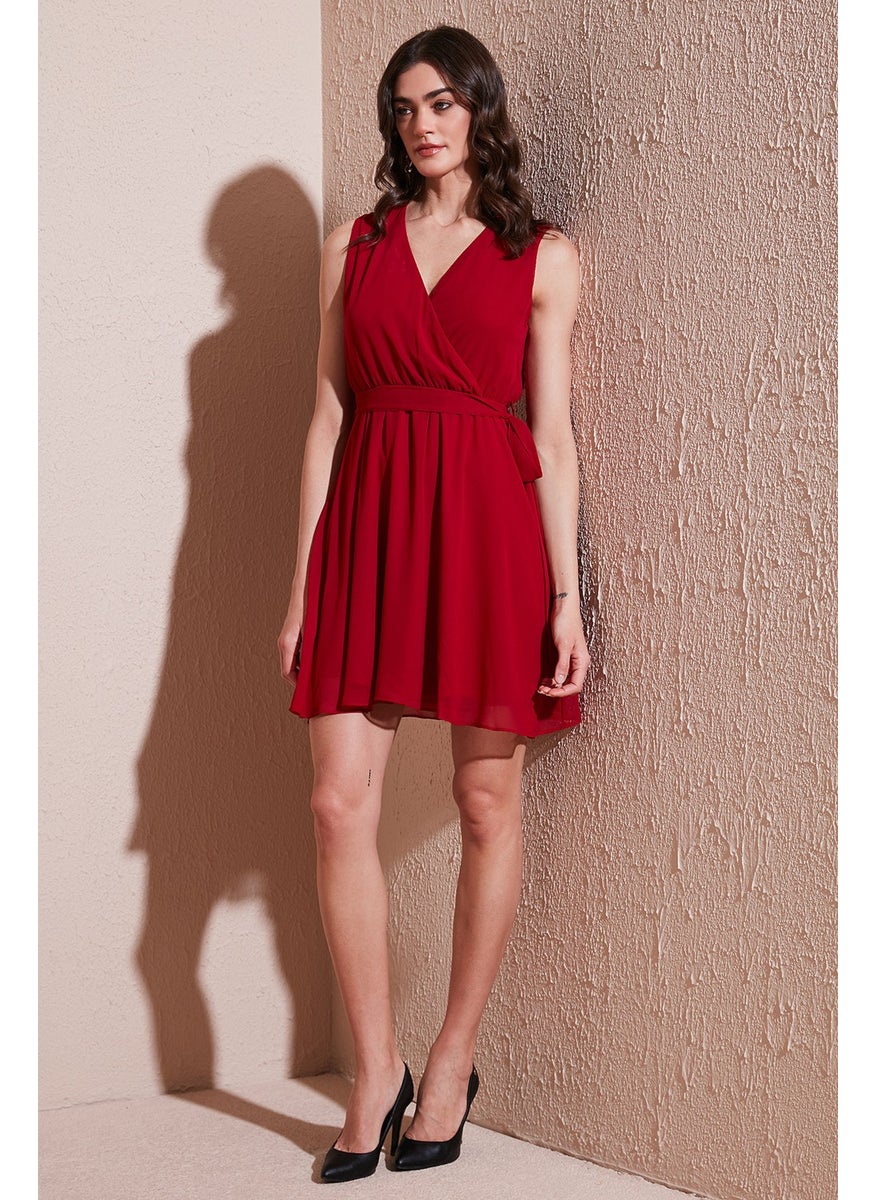 Regular Fit Double Breasted Tie Detail Chiffon Mini Dress Women's Dress 6789075